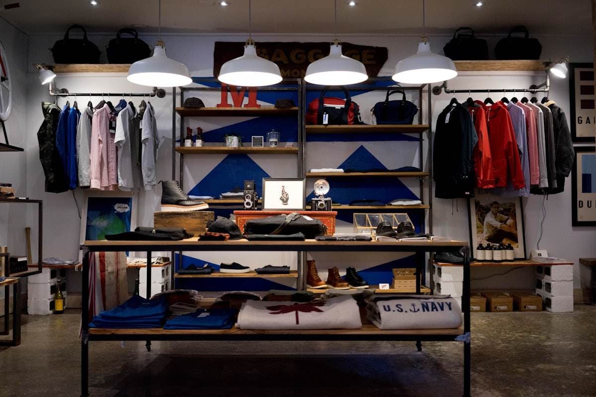 A clothing boutique interior with shelves of shoes, bags, and hanging jackets under pendant lamps
