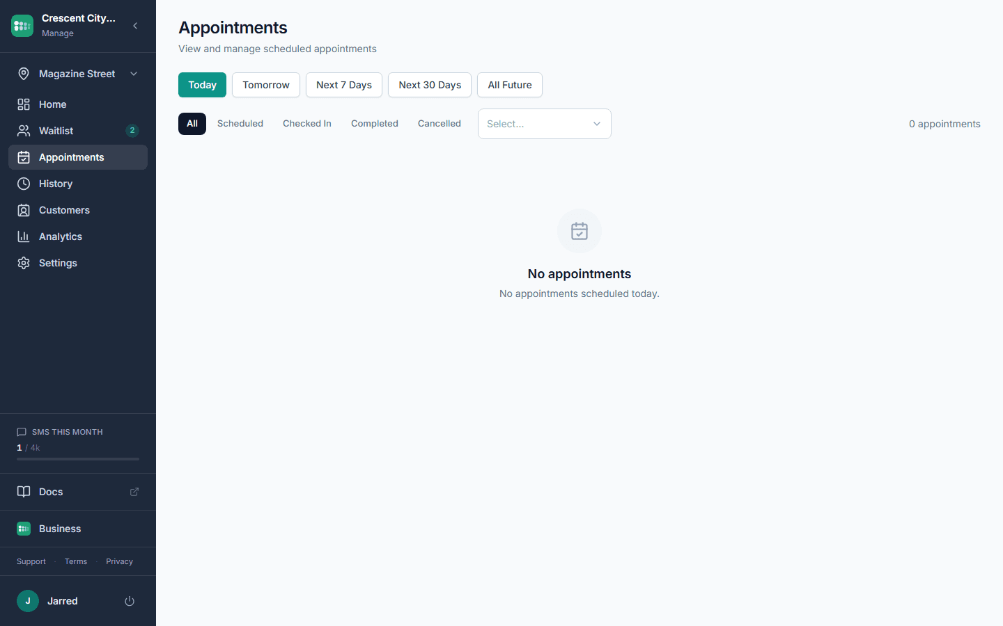 MakeTheQueue appointments view with booked parties alongside the live waitlist