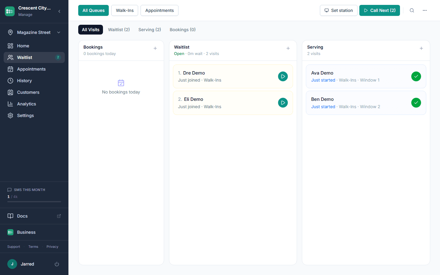 MakeTheQueue waitlist dashboard showing customers waiting with their chosen service and wait time