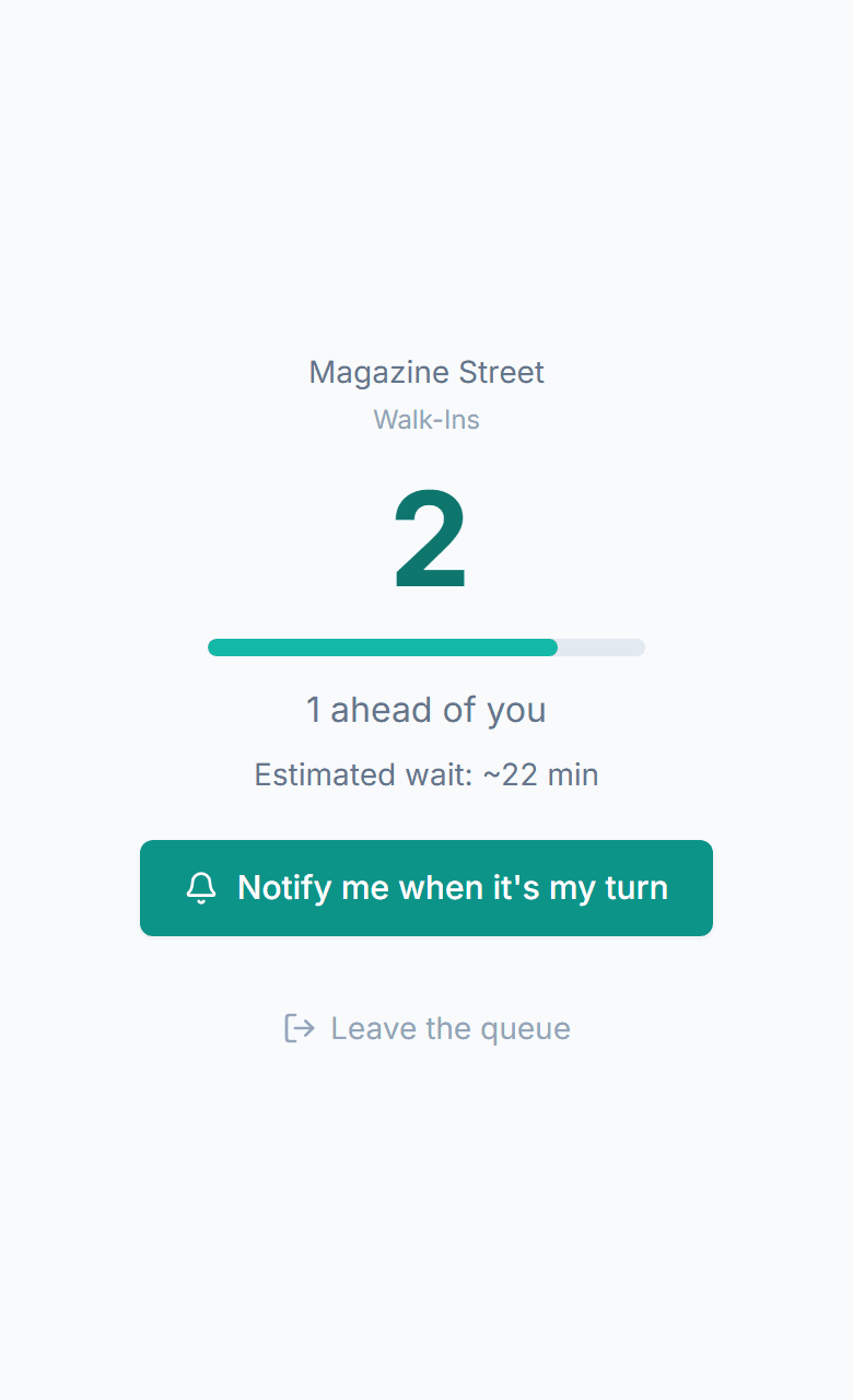 Customer's phone showing their place in line and estimated wait