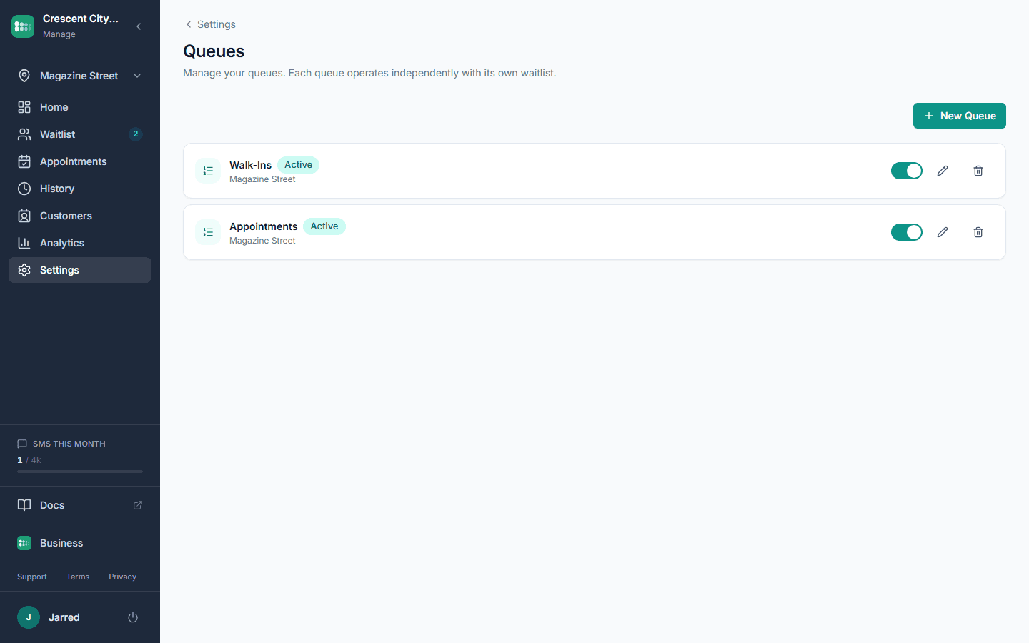 MakeTheQueue queue settings showing services with estimated durations