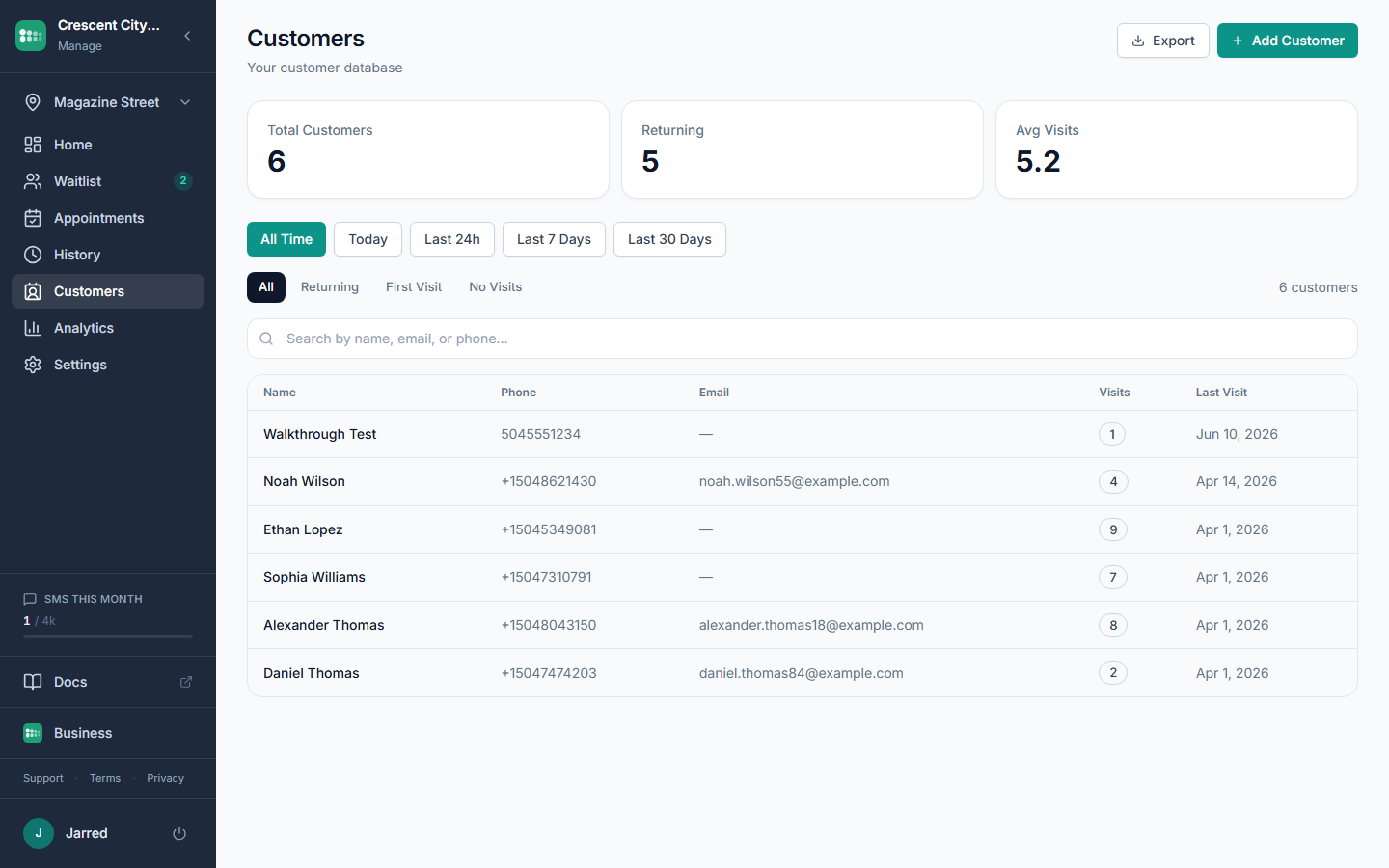 The Customers page with search and visit filters