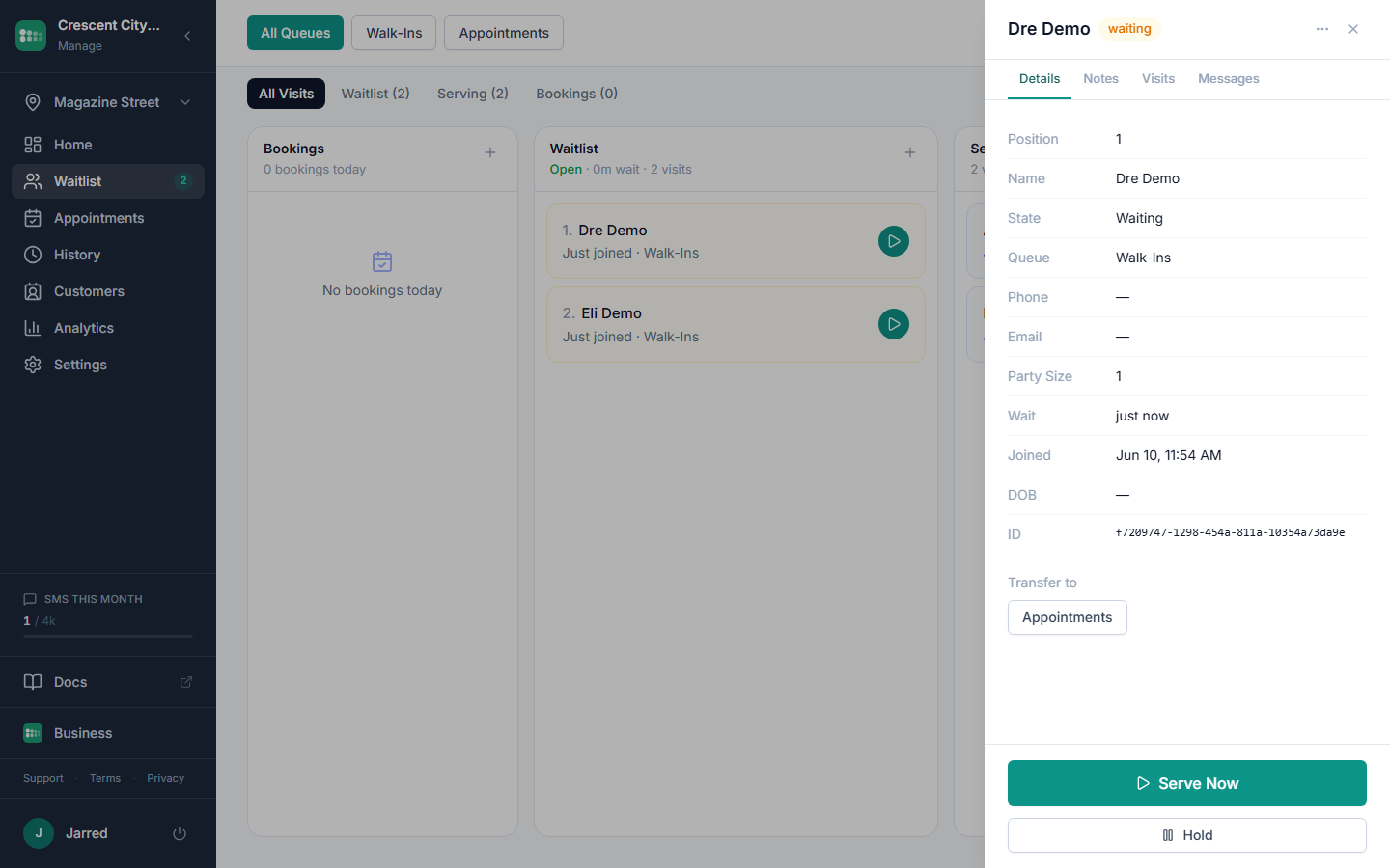 The entry detail sheet with Details, Notes, Visits, and Messages tabs