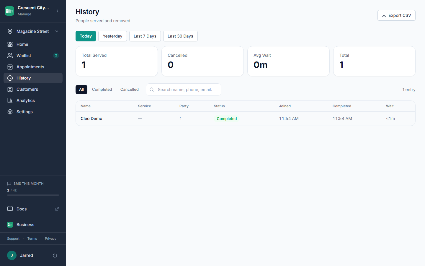 The History page with date range and status filters