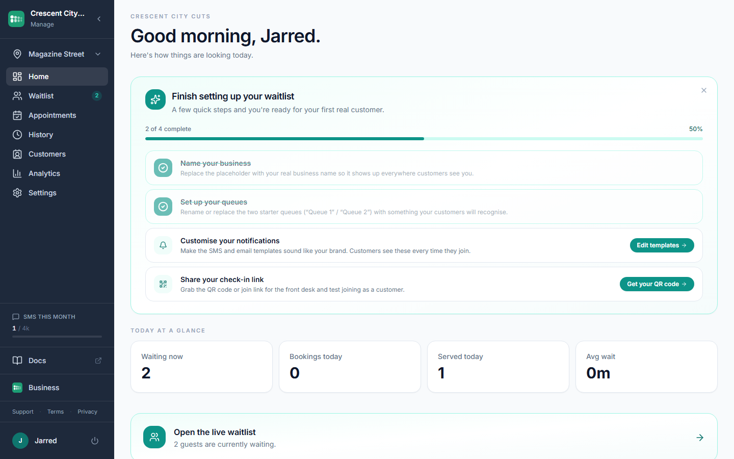 The MakeTheQueue admin home page with the setup checklist and today's stats
