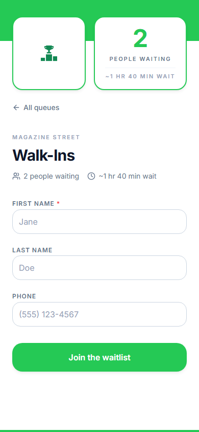 The customer join form on a phone: name, mobile number, and party size fields with a join button