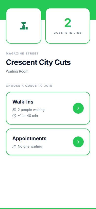 The customer self check-in page on a phone, showing the queues available to join