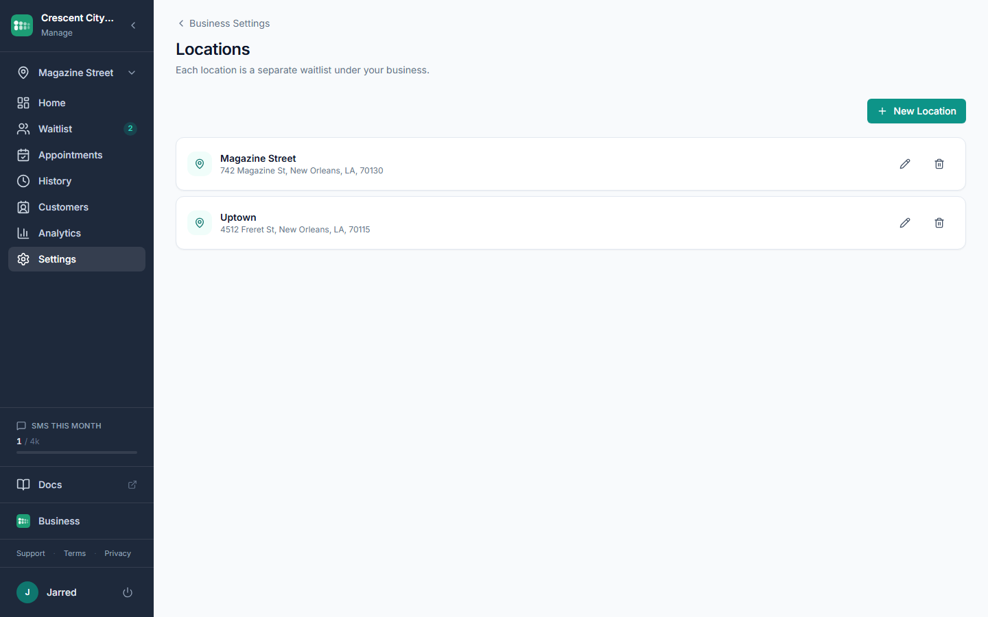 The Locations settings page