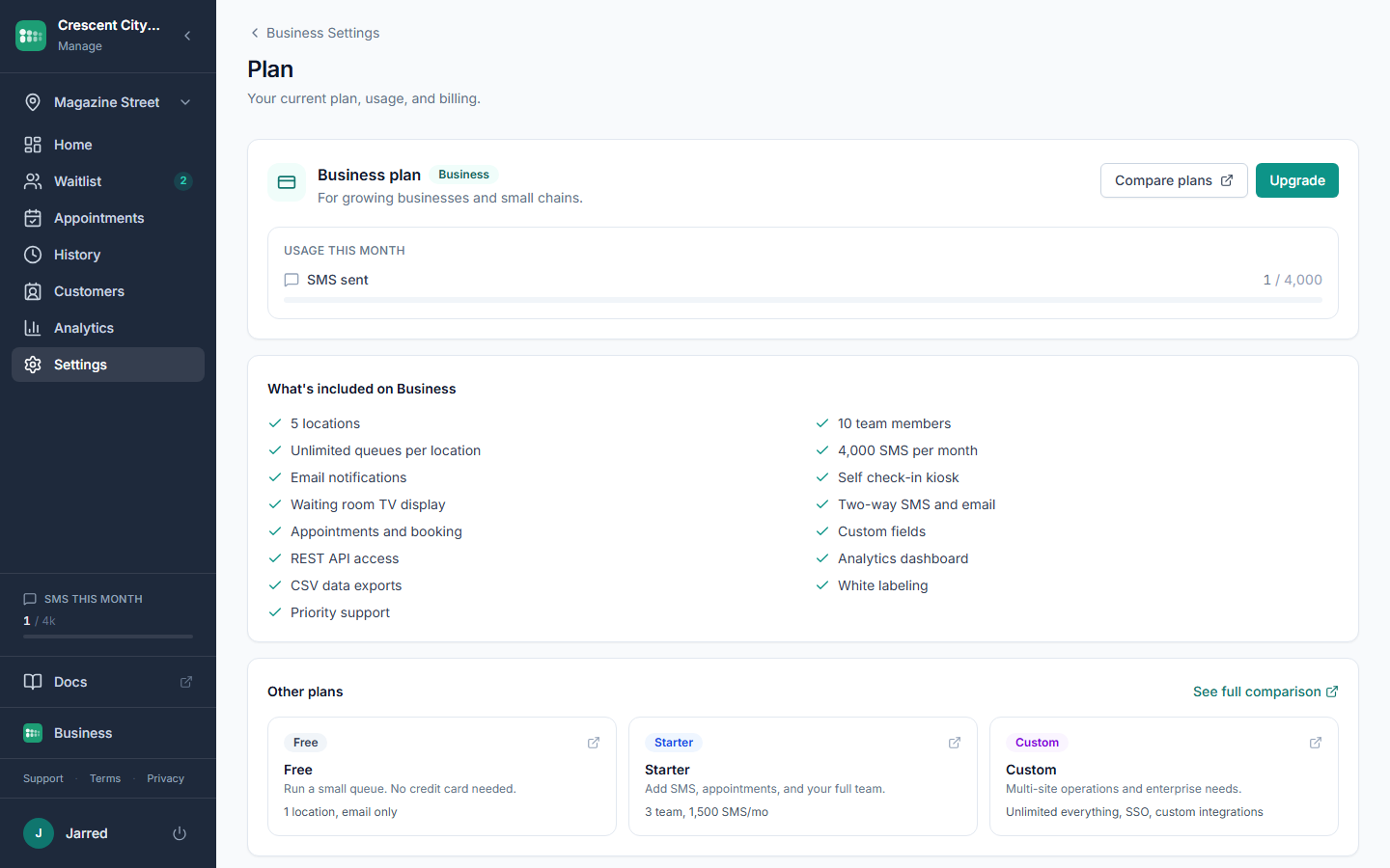 The Plan settings page with the current plan, usage meter, and included features